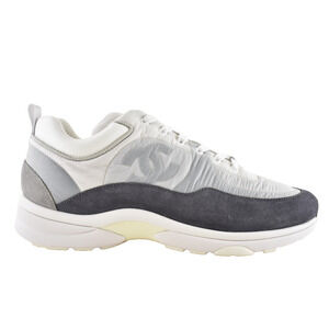 Chanel Mens 21C Grey Suede Ecru Nylon CC Logo Lace Low Top Trainer Sneaker 44 11